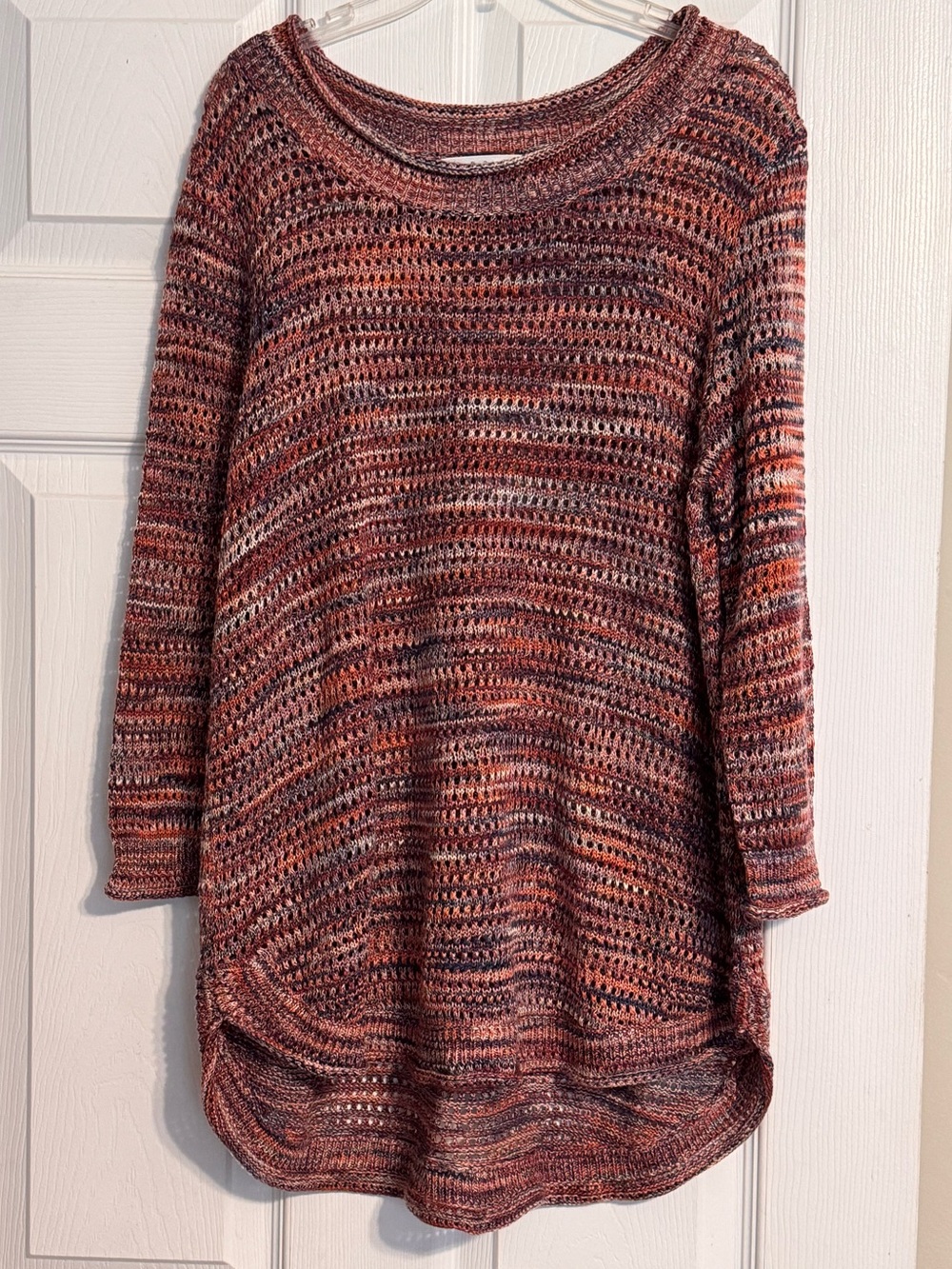 John Paul Richard Red Blue Multicolor Open Knit High Low Lightweight Sweater L
